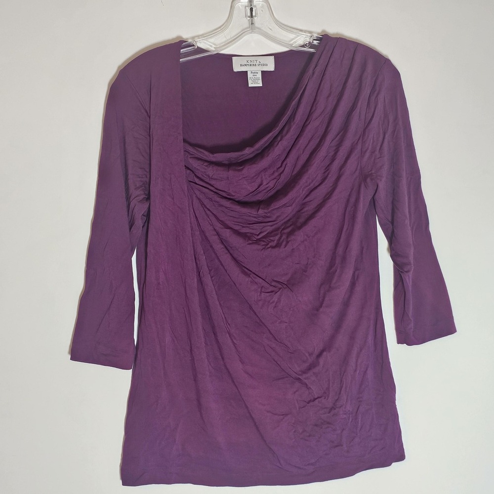 Knit by Hampshire Studio Shirt Womens Petite Medium Purple Drape Neck 3/4 Sleeve